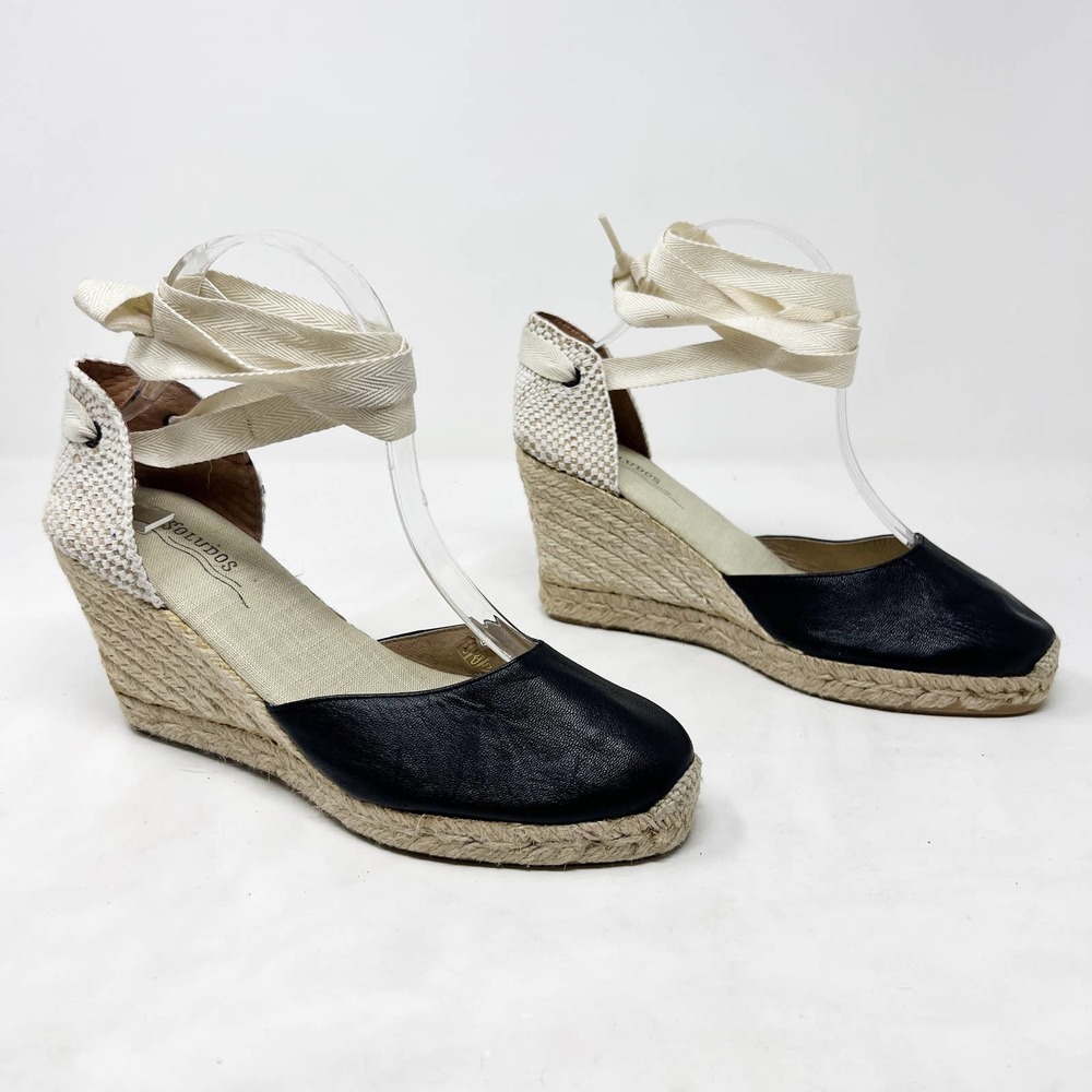 [Soludos] Black Leather Tan Lace Up Tall Espadrille Wedge Sandals Almond Toe 8